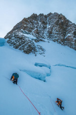 Our route picked a way down through a steep crevassed section as we worked our way around to the left below the ANZAC Peaks.
