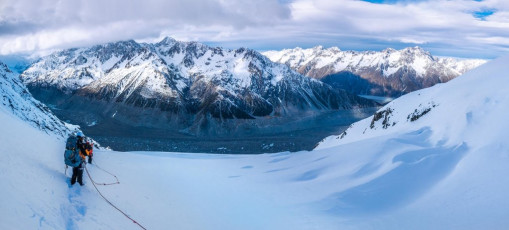 By 1pm we were at the top of Boys Glacier as high cloud began descending. The Boys required some care with route finding to avoid slots and some rocky bluffs, but based on Caro’s vague, few-year-old  recollections, we made our way down with only a couple of backtracks.
This image - Looking northeast, from about 2,150m, down Boys Glacier to the Tasman Glacier another 1,000m below.