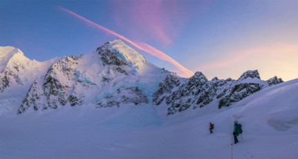 At least the conditions favoured photographers. It’s a privilege to just be up on the Grand Plateau at all during a beautiful calm dawn. As we approached the base of Dixon I rationalised that the alpenglow spectacle we enjoyed had already become a consolation prize for me, if we didn’t manage to complete our climb. This image - Approaching Mt Dixon (3,004m, left of centre).