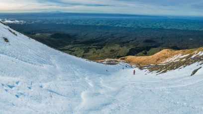Despite being over a thousand metres above the carpark, the hut is very accessible. It only takes three hours to reach, with most of the impressively scenic climb above the tree line. In the hard frozen conditions we encountered though, the steepest section, 300 or so vertical metres beneath Fantham’s Peak, demanded care and respect.
This image - Looking southeast, at about 1,650m.